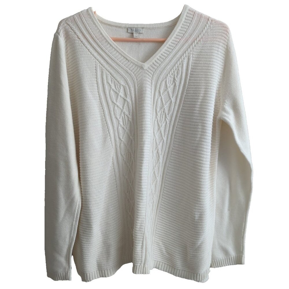 Talbots Womens Sweater LP Petite White Knit V-Neck Lightweight-blp30